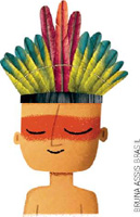 IMAGEM: um menino indígena com um cocar feito de penas e pintura na região dos olhos. FIM DA IMAGEM.