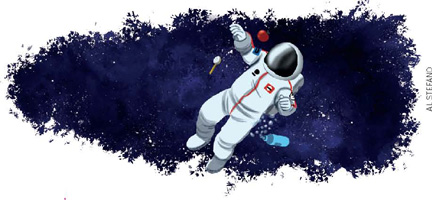 IMAGEM: um astronauta flutua no espaço. ao redor dele: uma maçã, uma escova de dentes e uma garrafa aberta. a água da garrafa flutua no espaço. FIM DA IMAGEM.