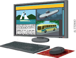 IMAGEM: na tela de um computador, são exibidas as imagens de alguns transportes, como: barco, submarino e ônibus. FIM DA IMAGEM.