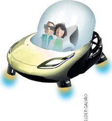 IMAGEM: duas pessoas em um carro futurístico. o veículo tem uma cúpula transparente na parte de cima, e, no lugar de rodas, turbinas que o permitem flutuar. FIM DA IMAGEM.