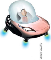 IMAGEM: uma pessoa em um carro futurístico. o veículo tem uma cúpula transparente na parte de cima, e, no lugar de rodas, turbinas que o permitem flutuar. FIM DA IMAGEM.