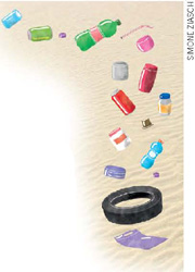 IMAGEM: lixo jogado sobre a areia de uma praia. FIM DA IMAGEM.