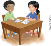 IMAGEM: um menino e uma menina sentados à mesa, escrevem algo em folhas de papel. FIM DA IMAGEM.