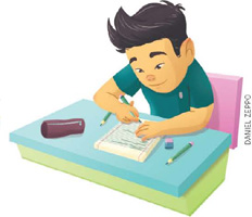 IMAGEM: um menino sentado à mesa, escreve algo em uma folha de caderno. FIM DA IMAGEM.