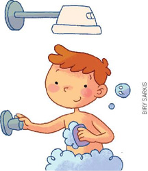 IMAGEM: um menino se ensaboa durante o banho, com o chuveiro desligado. FIM DA IMAGEM.