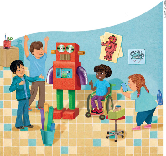 IMAGEM: crianças comemoram após construírem um robô. uma menina em uma cadeira de rodas ergue o polegar em sinal de positivo e uma menina fotografa a criação. na parede, cartazes de um robô e uma pessoa com um capacete tecnológico. FIM DA IMAGEM.