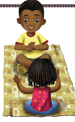IMAGEM: Um menino e uma menina brincam, sentados sobre um tapete. FIM DA IMAGEM.