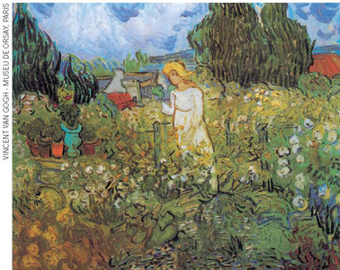 IMAGEM: reprodução da pintura marguerite gachet em seu jardim, de vincent van gogh. uma mulher cuida de seu jardim, composto por muitas flores, plantas, vasos e árvores no fundo. FIM DA IMAGEM.