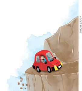 IMAGEM: uma pessoa dirige o carro por uma estrada cheia de curvas, na beira de um precipício. FIM DA IMAGEM.