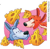 IMAGEM: um lobo e uma raposa cercados por vários pedaços de queijo. FIM DA IMAGEM.