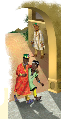 IMAGEM: o antigo senhor de odedirã observa com uma expressão de tristeza o menino ir embora com o rei. todas usam roupas típicas africanas. FIM DA IMAGEM.