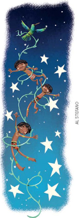 IMAGEM: um beija-flor carrega uma corda feita com cipós pelo céu estrelado. pendurados no cipó, três meninos indígenas se divertem com as estrelas. FIM DA IMAGEM.