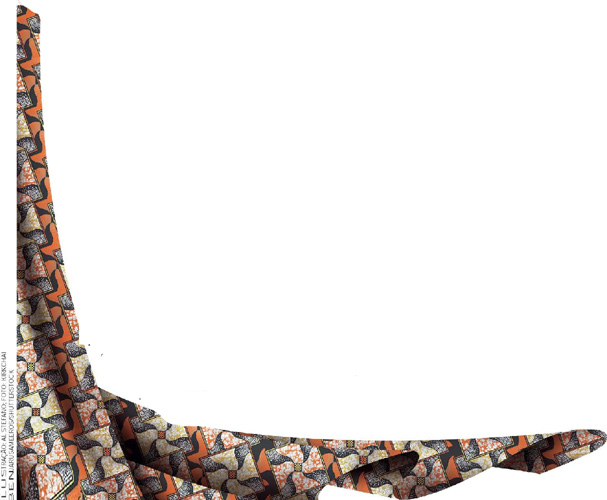 IMAGEM: tecido africano colorido, enfeitado por padrões abstratos e geométricos. FIM DA IMAGEM.