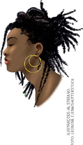 IMAGEM: uma mulher negra com o rosto de perfil. ela usa brincos de argola e dreads nos cabelos. FIM DA IMAGEM.