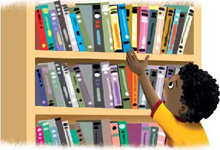 IMAGEM: um menino estica o braço para alcançar um livro na última prateleira da estante. FIM DA IMAGEM.