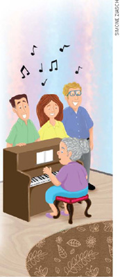 IMAGEM: em uma sala, uma senhora toca piano para três pessoas em pé. FIM DA IMAGEM.