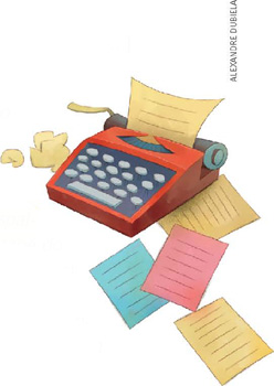 IMAGEM: uma máquina de escrever cercada por papéis com texto escrito. no fundo, alguns papéis amassados. FIM DA IMAGEM.