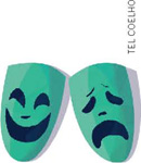 IMAGEM: máscaras de teatro. uma está com a expressão de felicidade, a outra, de tristeza. FIM DA IMAGEM.