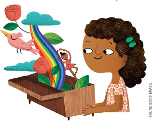 IMAGEM: uma menina segura uma caixa aberta. do interior da caixa, saem um pássaro, duas rosas, uma nuvem, um arco-íris e uma bailarina. FIM DA IMAGEM.
