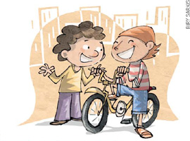 IMAGEM: josé carlos montado em sua bicicleta, conversa com o amigo nelsinho. FIM DA IMAGEM.
