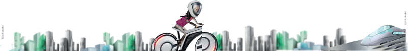 IMAGEM: uma mulher dirige uma moto futurística. o veículo tem grandes rodas. FIM DA IMAGEM.