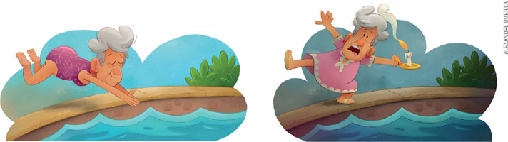 IMAGEM: dois desenhos da avó, marieta. no primeiro, marieta usa roupa de banho e pula na piscina. no segundo, marieta tropeça e cai na piscina com um castiçal na mão. FIM DA IMAGEM.