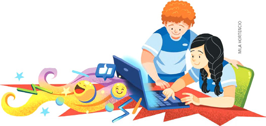 IMAGEM: um menino e uma menina usam um notebook. ao redor, imagens de rostos felizes e um polegar para cima representam emoticons usados em redes sociais. FIM DA IMAGEM.