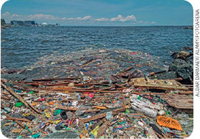 IMAGEM: acúmulo de lixo na água do mar. FIM DA IMAGEM.