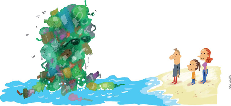 IMAGEM: um pai, uma mãe e a filha observam uma grande pilha de lixo na água do mar. FIM DA IMAGEM.