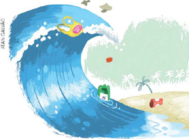 IMAGEM: uma onda no mar carrega lixo até a praia. FIM DA IMAGEM.