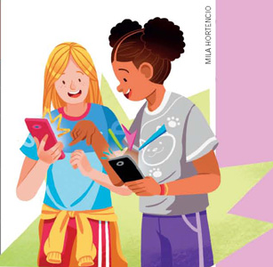 IMAGEM: duas meninas conversam e seguram celulares. uma delas aponta algo no celular da outra. FIM DA IMAGEM.