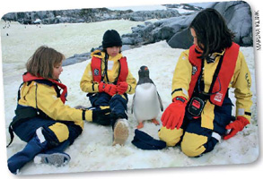IMAGEM: as irmãs klink sentadas na neve. entre elas, está um pinguim. FIM DA IMAGEM.