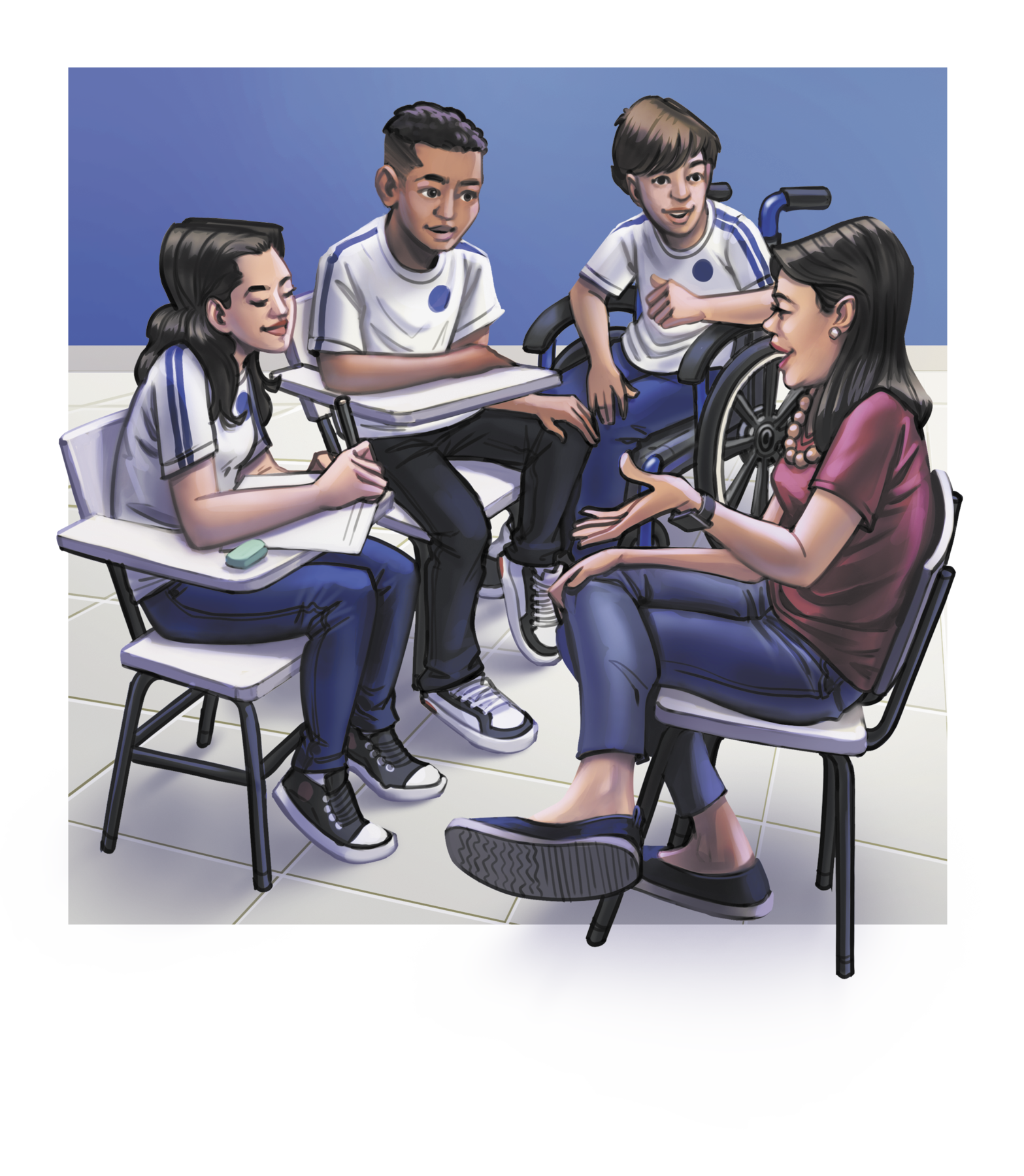 Ilustração. Um grupo de alunos vestindo uniformes de camisas brancas e calças azuis, sentados sobre carteiras escolares. Um deles utiliza uma cadeira de rodas. Estão dispostos em círculo, voltados para uma mulher de cabelos escuros, longos e lisos, vestindo uma camisa roxa e uma calça azul, sentada sobre uma cadeira.
