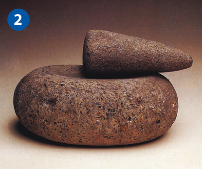 Fotografia 2. Um pilão confeccionado em rocha, em formato de círculo com uma concavidade central, e um almofariz em formato triangular, com base larga e extremidade afunilada.
