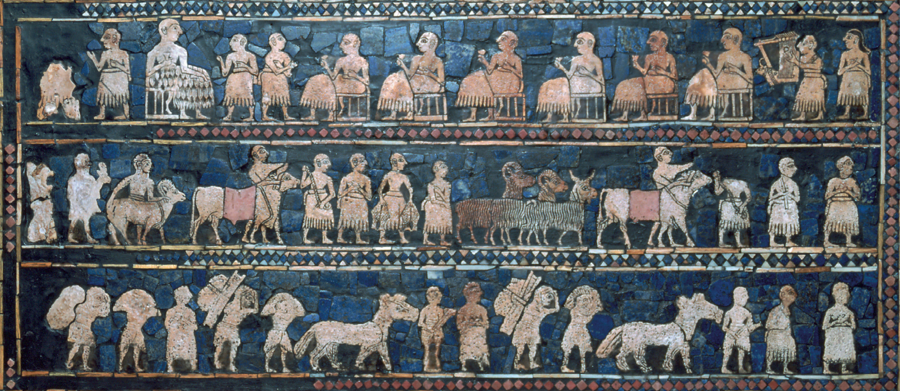 Mosaico. Imagem de mosaico com fundo azul, dividido em três linhas horizontais separadas. De cima para baixo, nesta ordem: linha 1. homens sentados em cadeiras, segurado copos, à esquerda, homens em pé parecem servi-los, à direita um homem segurando um instrumento musical; linha 2. homens em pé acompanhando rebanhos de bovinos, ovelhas e cabras; linha 3. homens em pé, segurando cestas nas costas, ao lado de burros e cavalos.