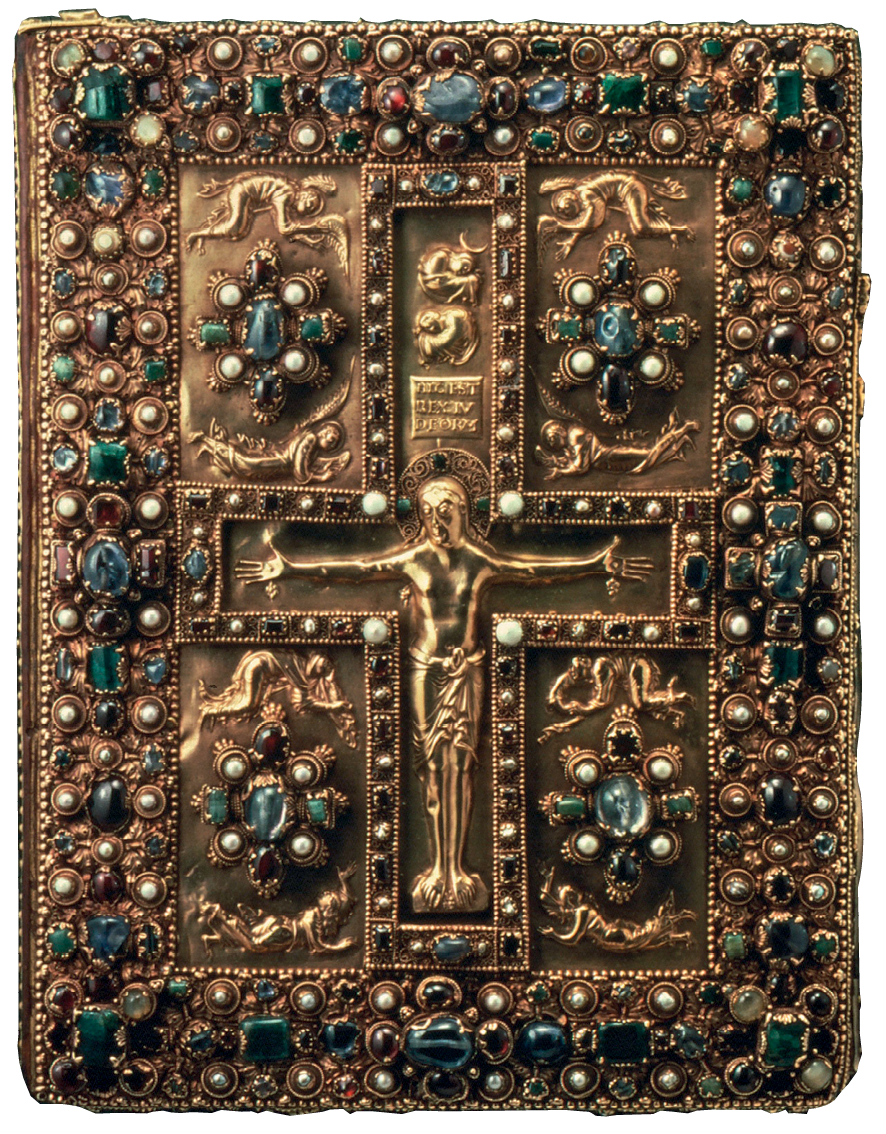 Capa de livro. Objeto retangular, com pedras preciosas e um crucifixo dourado entalhado no centro.