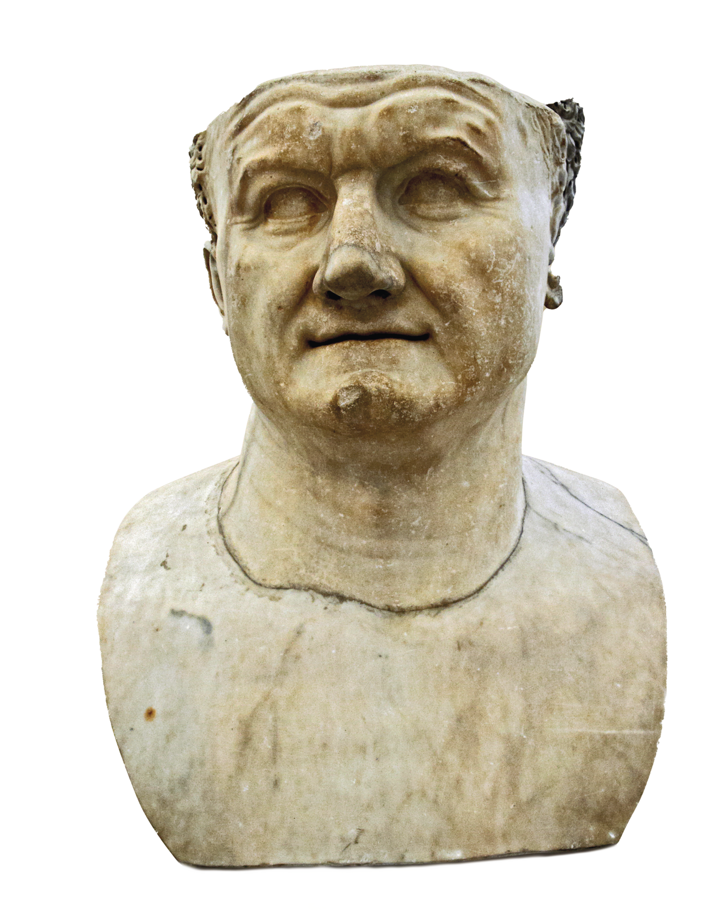 Escultura. Busto de um homem, com os olhos abertos, a testa franzida e os lábios finos.