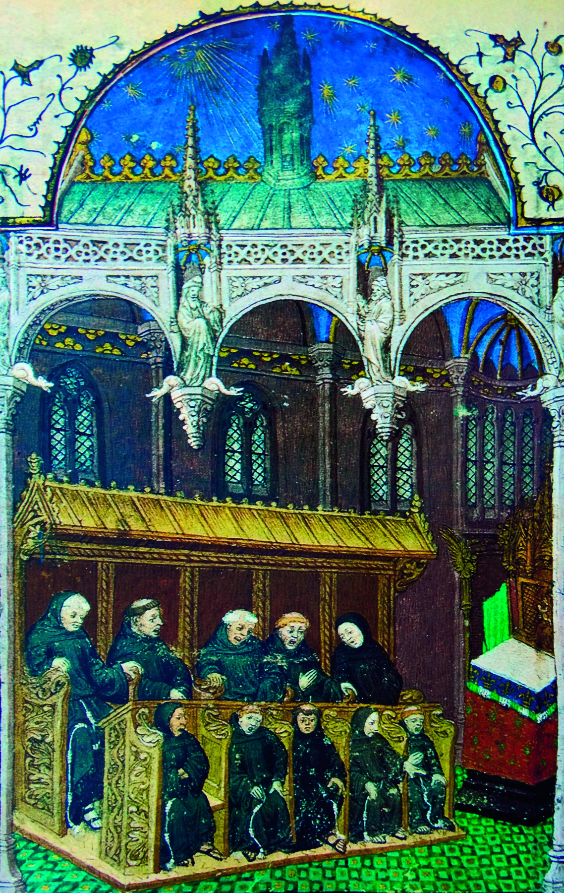 Iluminura. Representação do interior de uma igreja com dez homens de túnica preta, sentados lado a lado, em duas fileiras de uma tribuna dourada.