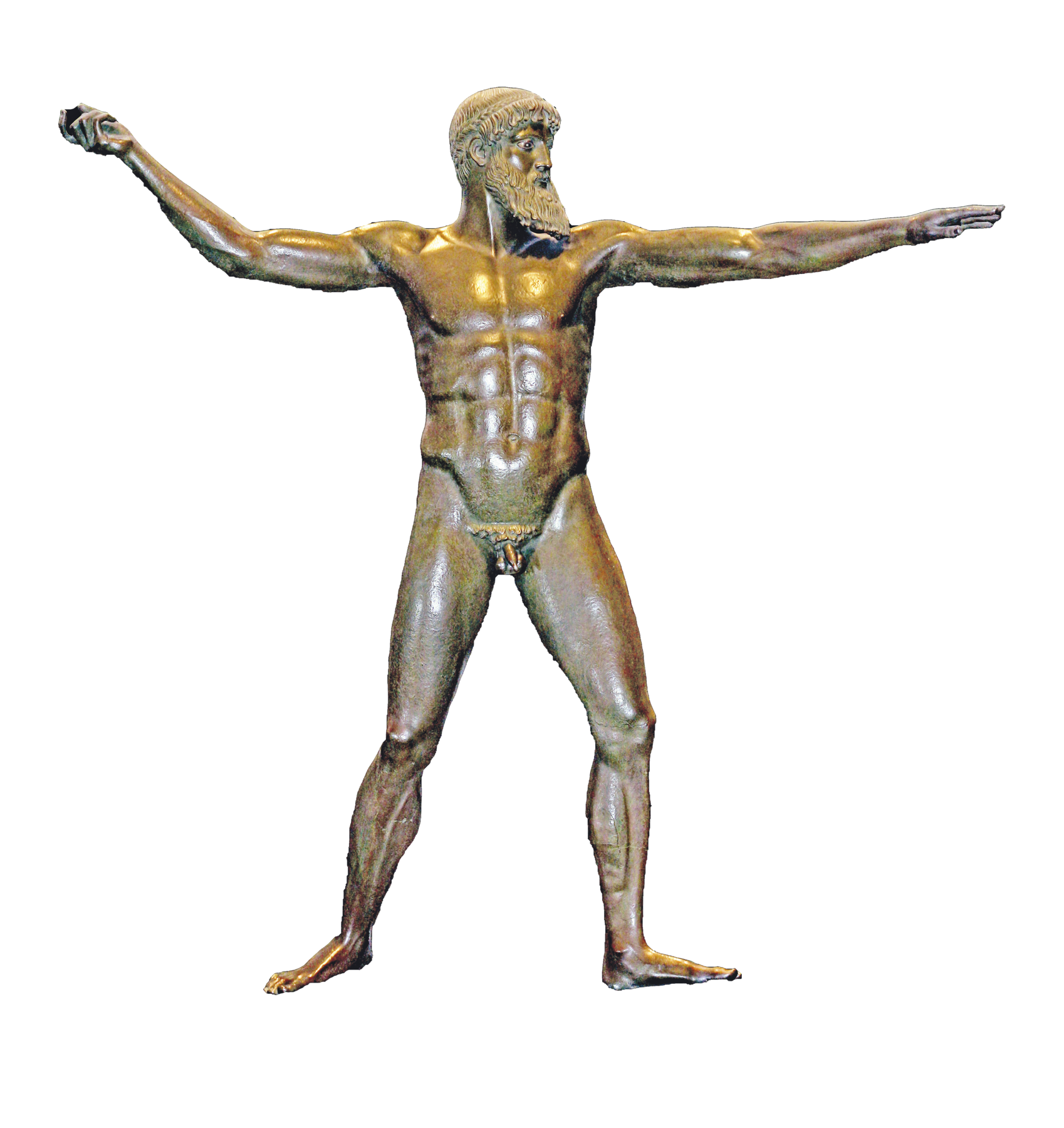 Escultura. Homem com músculos definidos e corpo desnudo, cabelos cacheados curtos e uma barba volumosa. Está em pé, com as pernas afastadas e os braços em direções contrárias, esticados para as laterais.