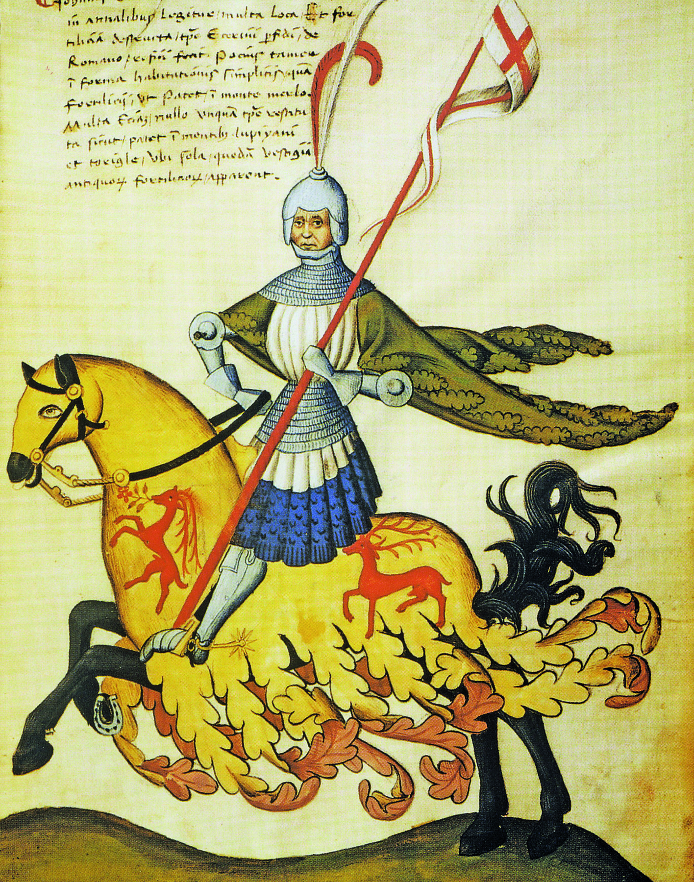 Iluminura. Representação de um homem trajando uma armadura metálica, portando uma lança com uma bandeira no topo. Está sentado sobre o dorso de um cavalo, que usa uma capa amarela com detalhes laranjas e franjas nas laterais.