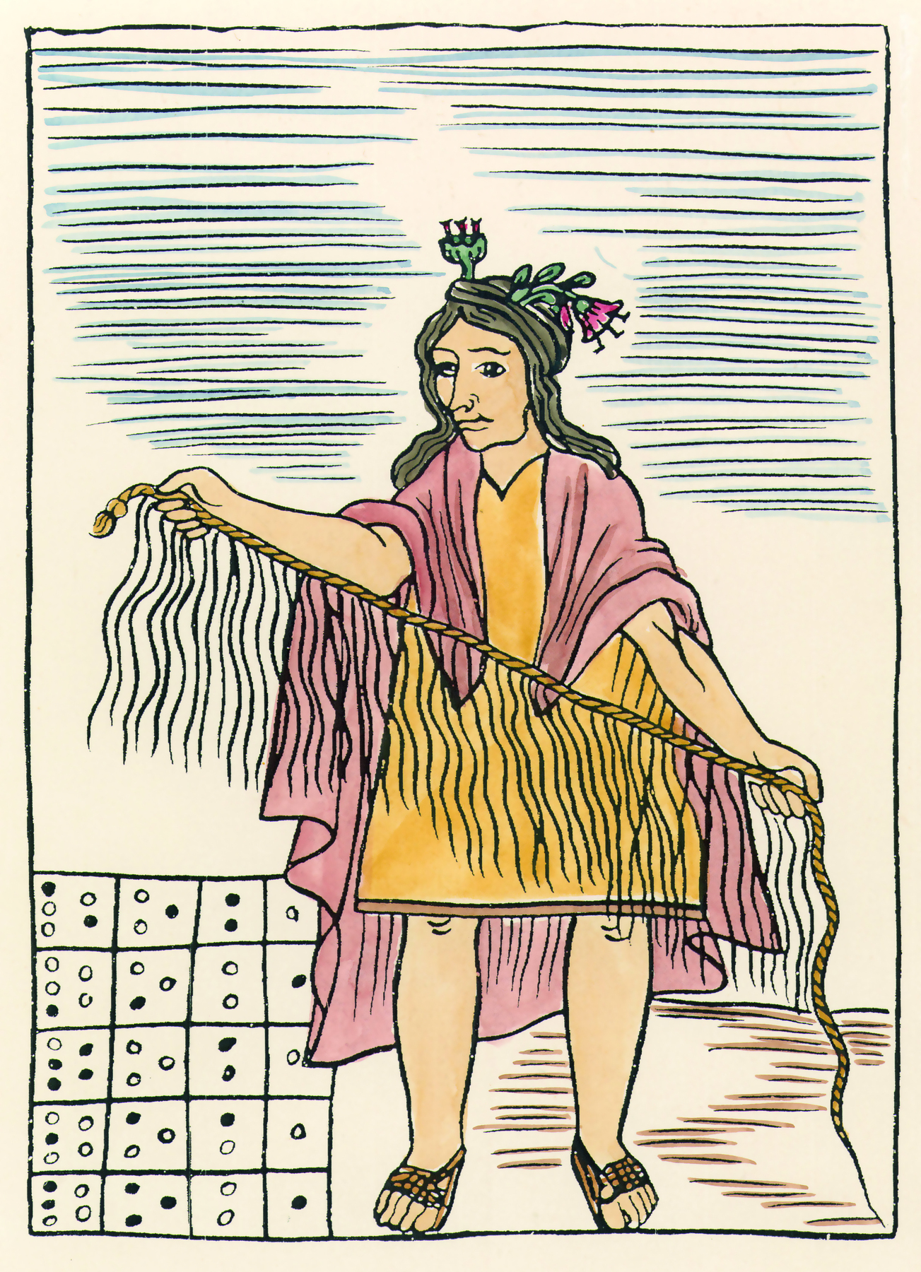 Xilogravura. Imagem de uma mulher de cabelos castanhos, longos e lisos, usando um vestido amarelo e uma capa vermelha, segurando uma corda com as mãos, da qual pendem vários cordões com nós.