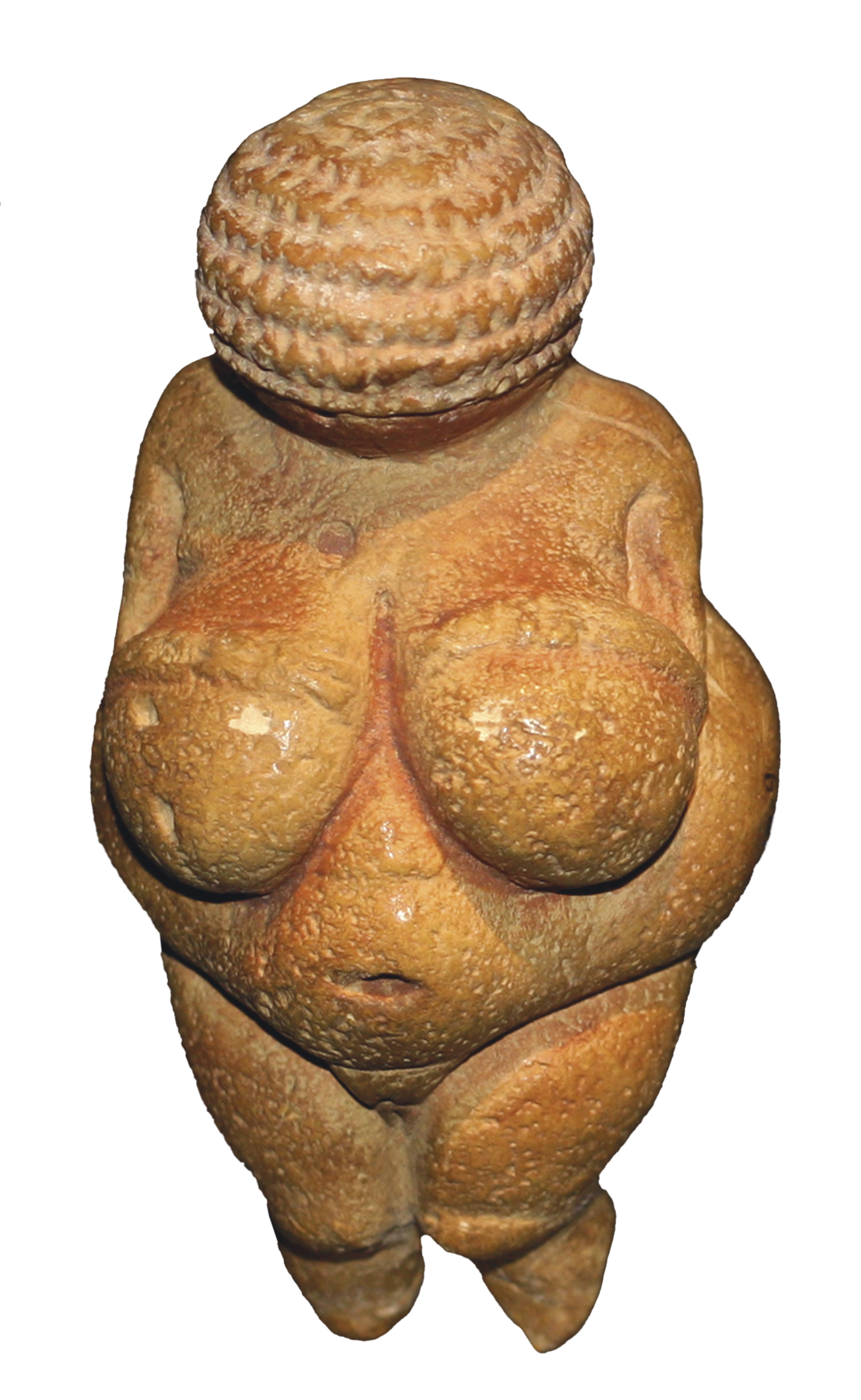 Estátua. Objeto de pedra representando um corpo feminino, com seios fartos e abdome volumoso.