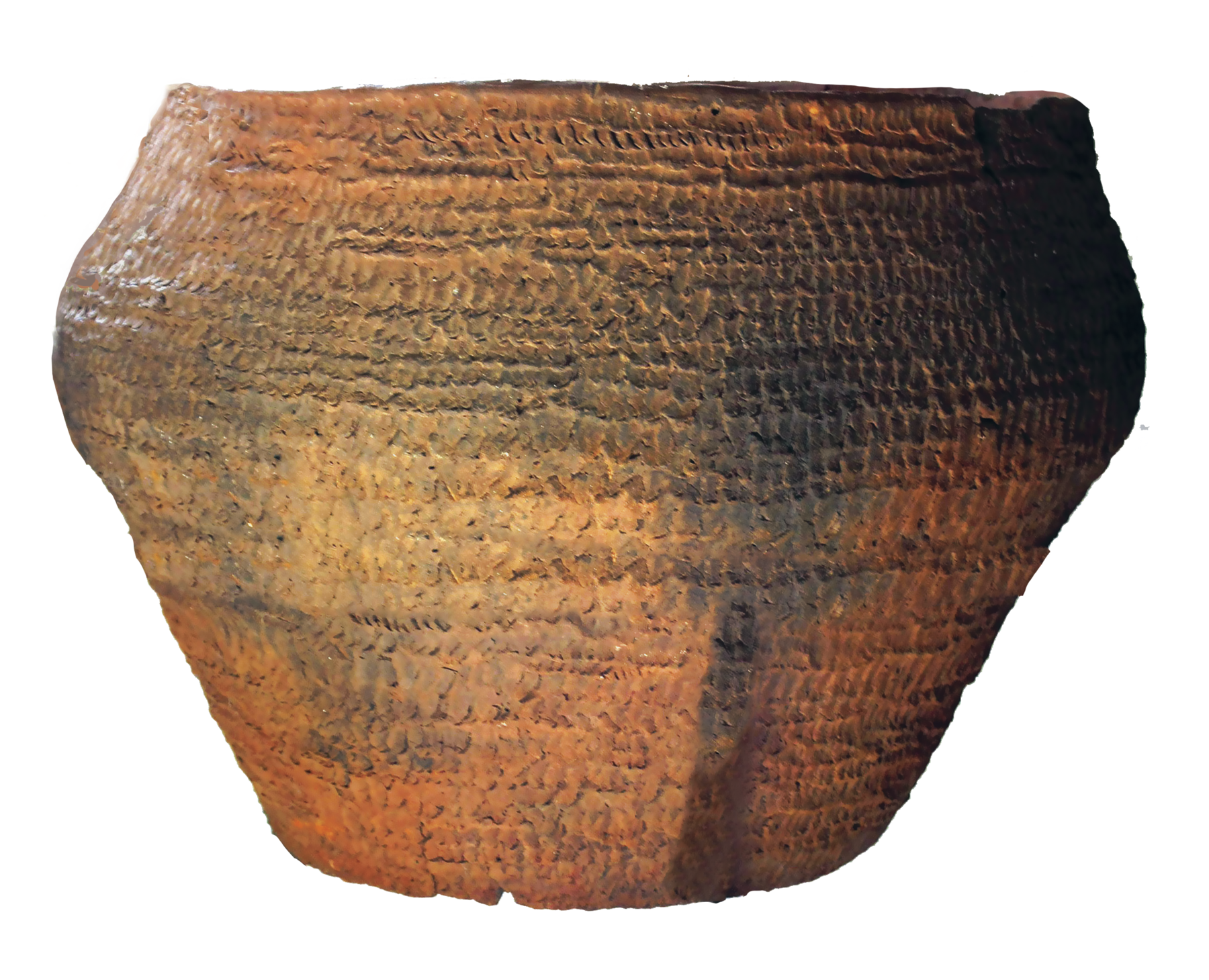 Cerâmica. Uma urna de formato oval, com base de menor diâmetro que o corpo e coloração amarronzada.