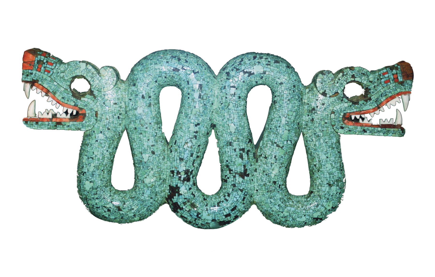 Estátua. Serpente com duas cabeças, uma em cada extremidade do corpo, feita com pedras azuis. Cada uma das cabeças possui focinho e boca vermelhos e grandes dentes brancos.