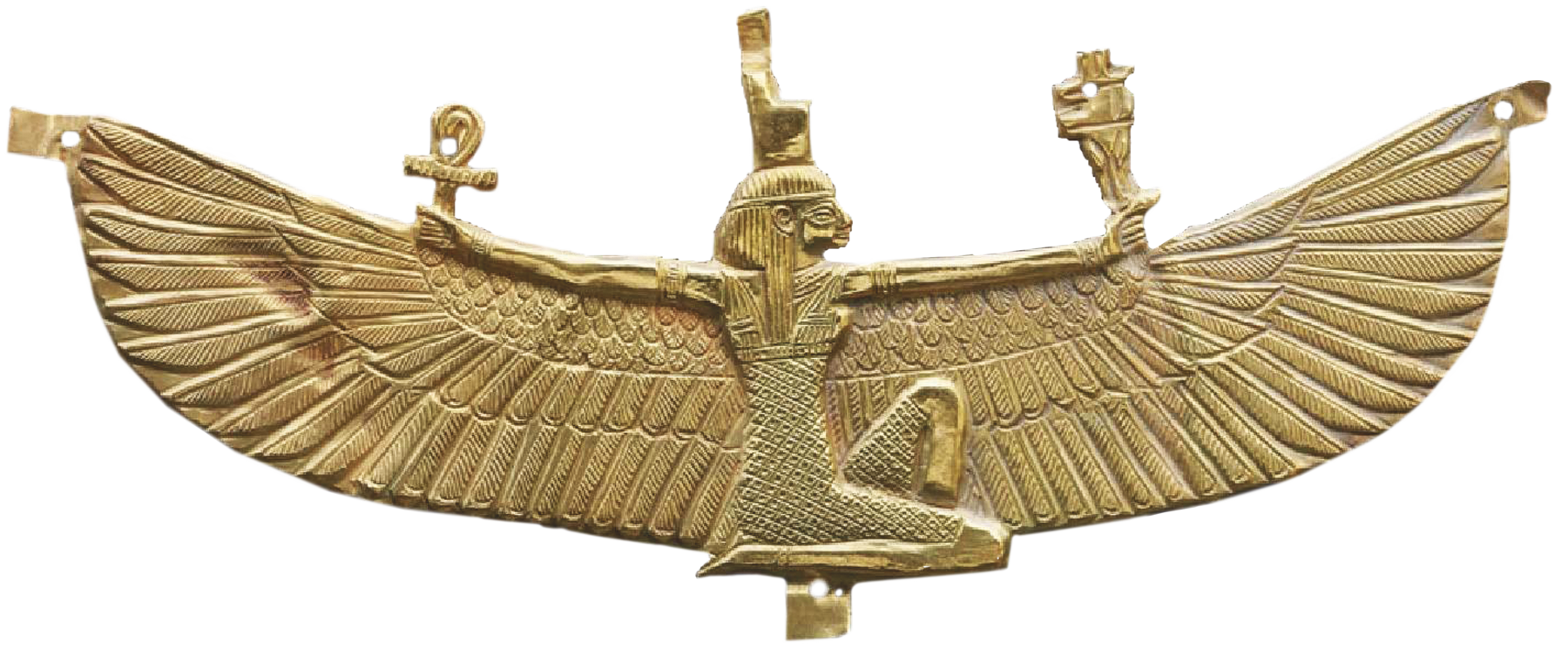 Pingente. Objeto dourado representando uma mulher de cabelos longos e lisos, vestindo uma túnica. Está com os braços abertos e, abaixo deles, possui um par de asas abertas.
