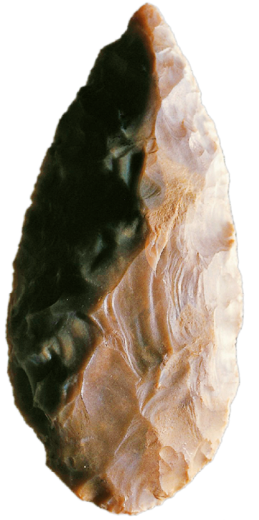 Artefato. Instrumento de pedra, com base arredondada e extremidade afiada e pontiaguda, apresentando marcas de lascamento.