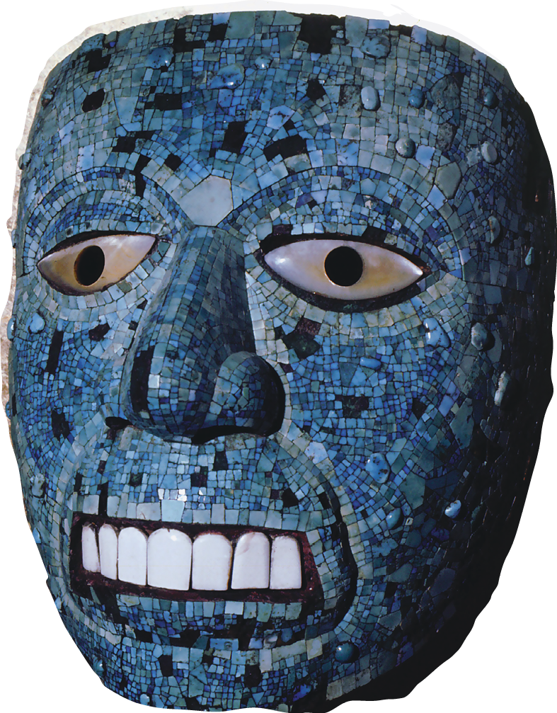 Máscara. Objeto com traços humanos: dois olhos, um nariz e os dentes à mostra, feita com pedras azuis.