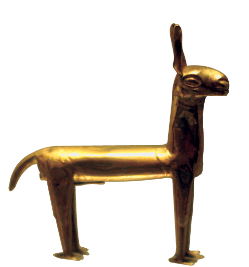 Estátua. Objeto de ouro representando uma lhama, com quatro patas, duas orelhas para cima e um focinho longo.