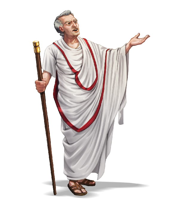 Ilustração. Um homem de cabelos curtos, grisalhos e lisos, vestindo uma toga branca comprida com duas listras vermelhas, sandálias nos pés e segurando uma haste com uma das mãos.