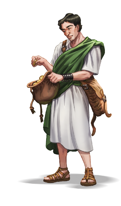 Ilustração. Um homem de cabelos escuros, curtos e lisos, vestindo uma toga branca e verde e sandálias nos pés, segurando bolsas contendo moedas douradas.